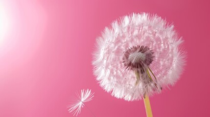  a close up of a dandelion on a pink background with a blurry image of the dandelion on the left side of the dandelion.