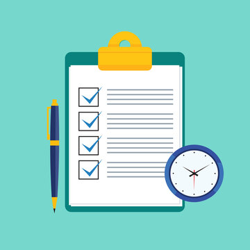 Checklist Vector Art, Clipboard List, Document Vector. Checked item list on white paper with Clipboard icon, Pen & Watch vector illustration