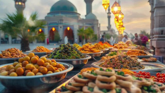 Delicious food for breaking the ramadan fast on a table in the mosque courtyard at evening.seamless timelapse looping 4k video animation background