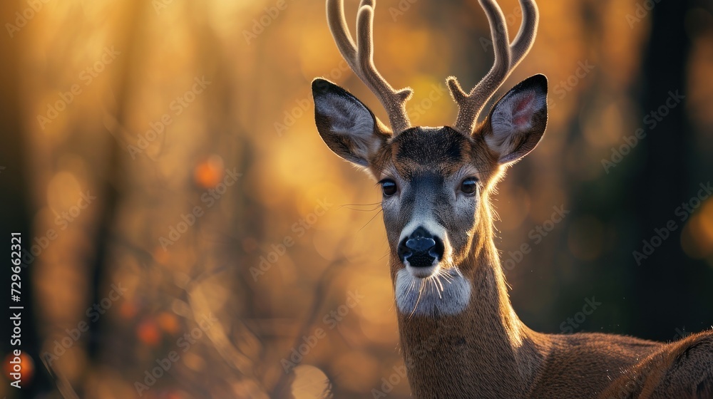 Canvas Prints a close up of a deer with antlers on it's head and a blurry background of trees and bushes in the fo