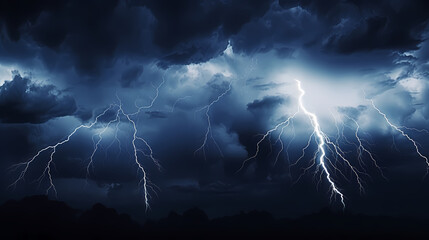 Naklejka premium Roaring thunderstorm, shocking lightning shines in the dark sky