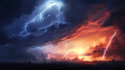 Fototapeta na wymiar Roaring thunderstorm, shocking lightning shines in the dark sky