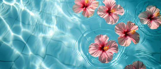 pink hibiscus flowers floating in the swimming pool with tiles, close up pattern minimalist, top view, exotic concept. - obrazy, fototapety, plakaty