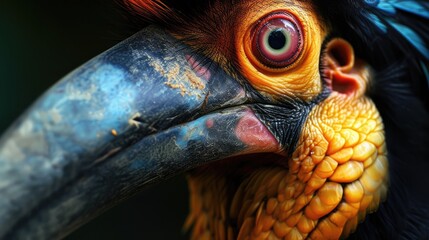 Portrait of colourful hornbill native to Indonesia, Knobbed Hornbill, Aceros cassidix. - obrazy, fototapety, plakaty