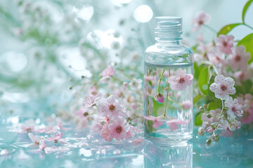 Transparent glass bottle with natural cosmetic products on a floral background. Fermented Skin Care