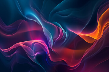 Obraz premium A dynamic and smooth graphic of flowing shapes in neon blue, purple, and orange, resembling silk fabric in motion on a dark background.