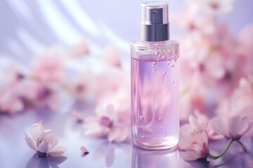 Obraz na płótnie Canvas Mockup of minimal elegant perfume bottle on botanical background. Stylish perfume banner, fermented cosmetics