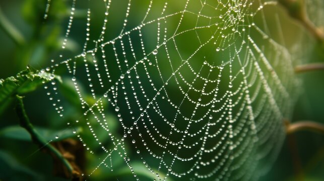  a close up of a spider web on a leaf with water droplets on the spider's web, with a blurry background of green leaves in the foreground.