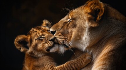 Predator love. Lioness and cub