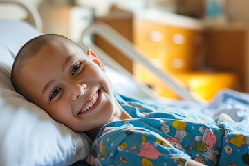 A smiling young child in hospital pajamas, lying in bed with a shaved head, suggesting medical treatment.