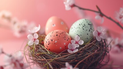 Fototapeta na wymiar three eggs in a bird's nest on a branch of a tree with white flowers in the foreground and a pink background with white flowers in the foreground.