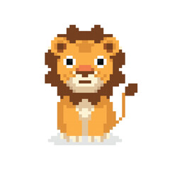 Cute yellow lion, cartoon pixel art character isolated on white background. Symbol of Africa. Wildlife carnivore.Old school 8 bit slot machine icon.Retro 80s-90s video game graphics.