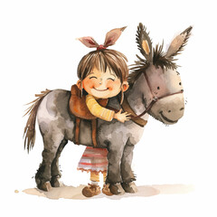 Painting of a little girl hugging a cute donkey