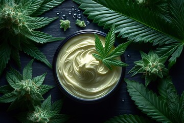 Cannabis therapeutic lotion for natural beauty treatment and moisturizing agents. Cannabis lotion with anti-inflammatory and relaxing properties. - obrazy, fototapety, plakaty