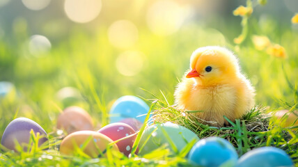 chick with easter eggs in spring grass