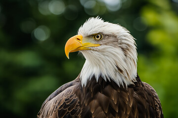Fototapeta premium Portrait of a bald eagle with a sharp yellow beak, piercing eyes, and white feathered head against a blurred green backdrop.