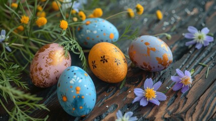 Fototapeta na wymiar a group of painted eggs sitting on top of a wooden table next to a bunch of wildflowers and yellow and purple flowers on top of a wooden table.