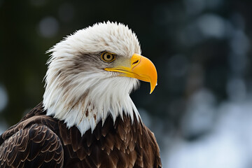 Obraz premium Intense portrait of a bald eagle facing right with a snowy background, highlighting its sharp yellow beak and piercing eyes.
