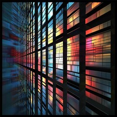 Abstract illustration featuring an oblique look at a very long wall of glowing rectangles in red and blue