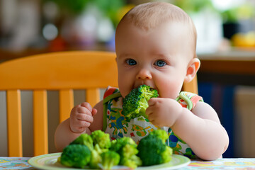 Baby Sitting at Table Eating Broccoli