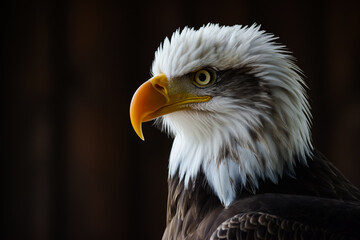 Powerful bald eagle profile with a golden beak, vigilant eye, and striking white plumage, set against a dark background.