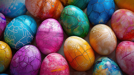  a group of colorful eggs sitting next to each other on a white surface with blue, yellow, pink, and green eggs in the middle of the egg shell.