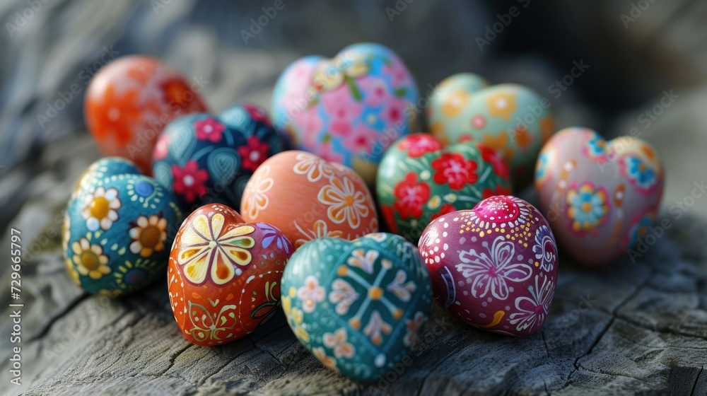 Sticker a group of painted eggs sitting on top of a piece of wood on top of a piece of wood with a flower de