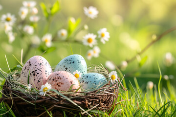 Obraz premium Pastel easter eggs in a nest with spring flowers on green grass. Happy Easter and springtime concept. Simple spring template, greeting card, banner. Minimalistic composition with copy space