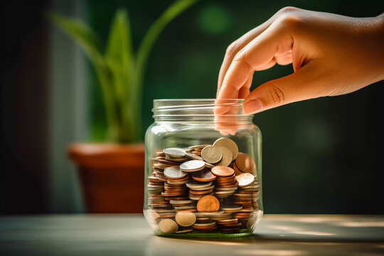 Close up of a hand putting coins into a glass jar for saving finance saving and business investment concept saving for a rainy day