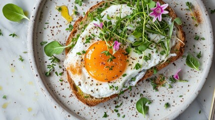  a close up of a plate of food with a fried egg on top of a piece of bread with a sprout of grass and flowers on the side.