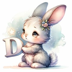 Bunny Holding Letter D, Whimsical Watercolor Alphabet.