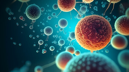 Various shapes of bacteria, probiotics under microscope, science, medicine concept background