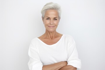 Portrait of beautiful senior woman with grey hair. Isolated on white background.