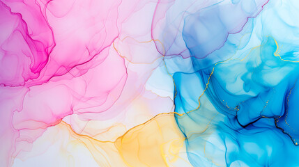 Modern painted artwork of alcohol ink texture in pink, blue, yellow  colors.