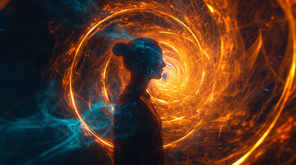 Electromagnetic field around man woman person, combination of invisible electric and magnetic fields of force, colorful Earth, wave, science future physics, sphere circular. - obrazy, fototapety, plakaty