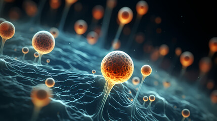 Various shapes of bacteria, probiotics under microscope, science, medicine concept background
