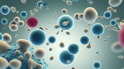 Various shapes of bacteria, probiotics under microscope, science, medicine concept background