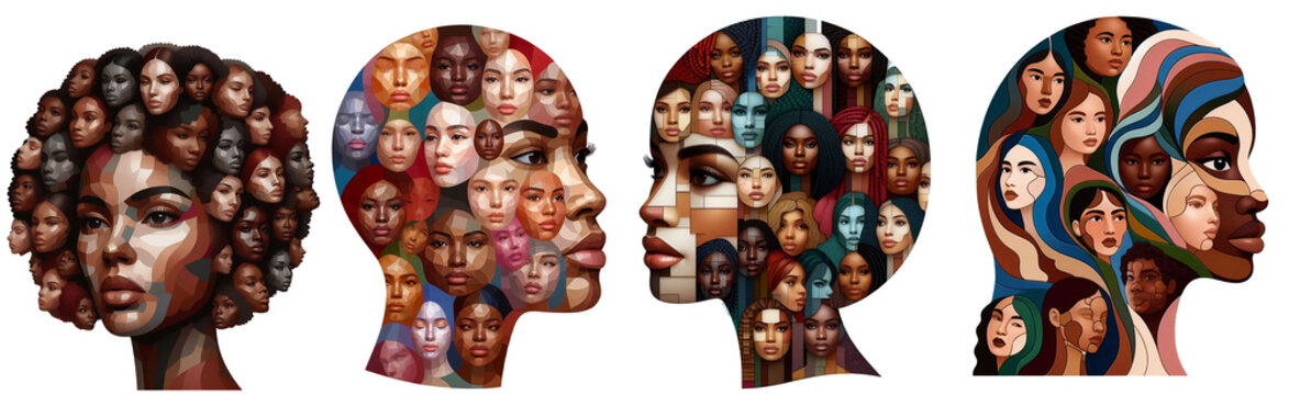 Composite image of a diverse group of people superimposed on a man's profile.