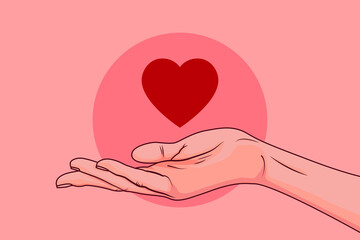 Human hand holding red heart. 