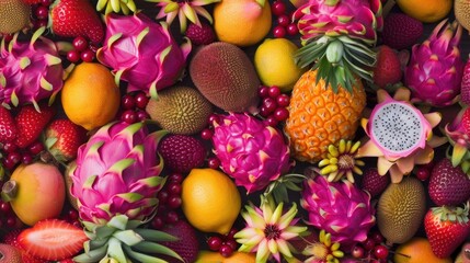  a close up of a bunch of fruit with pineapples, oranges, kiwis, strawberries, and pineapples on top of all.