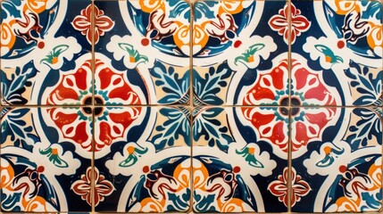  a close up of a blue and orange tile with a flower design on the bottom of the tile and a flower design on the top of the tiles on the bottom of the tiles.