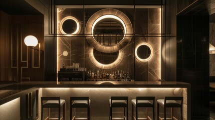  a dimly lit bar with stools and a round mirror on the wall and a bar with stools in front of the bar and a round mirror on the wall.