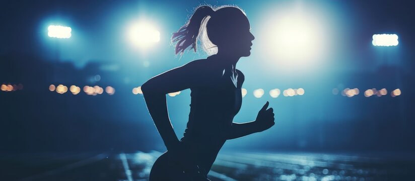 Silhouette of a woman strong athlete running at the stadium in the night view. AI generated image