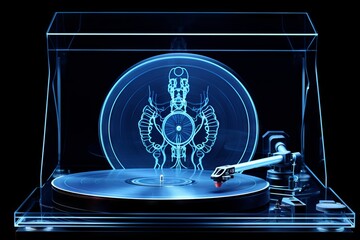 Transparent turntable with neon blue lighting. Detailed view of internal components. Concept of music, technology, and modern design.