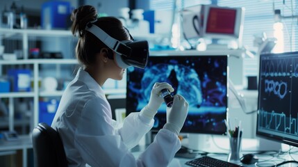 Scientist in lab coat and virtual reality headset examines a specimen tube while surrounded by advanced digital brain scans and data analyses