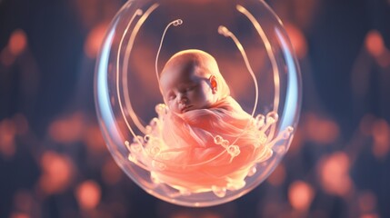 Sleeping infant in a translucent sphere. Fetus inside a glowing womb. Concept of new life, nurturing warmth, comfort, calmness, beginnings, and innocence. - obrazy, fototapety, plakaty