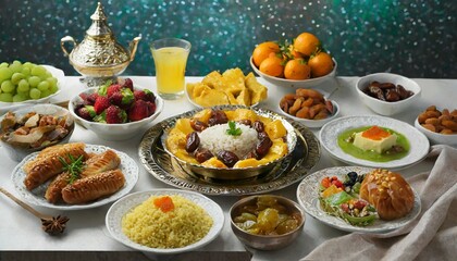 Eid Mubarak Holiday. Muslims usually celebrate it after Ramadan. Table with dates, Oriental food and sweets. Traditional moroccan cuisine