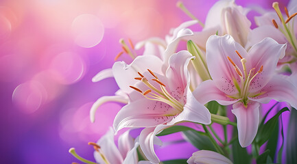 bouquet of white and pink lilies on pink violet backg