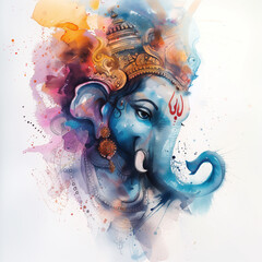 Watercolor Portrait of Hindu God Ganesha, Generative AI