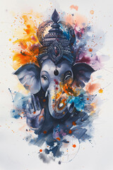 Watercolor Portrait of Hindu God Ganesha, Generative AI - obrazy, fototapety, plakaty